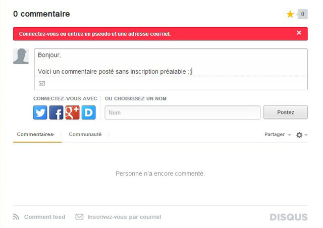 Commentaire Disqus non connecté